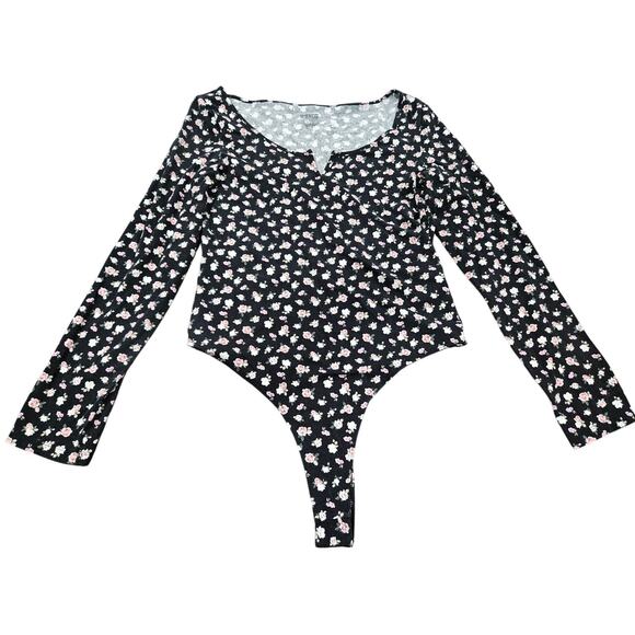 Pink Tops - PINK Victoria’s Secret Dark Floral Bodysuit Long Sleeve Black Pink Women’s M
